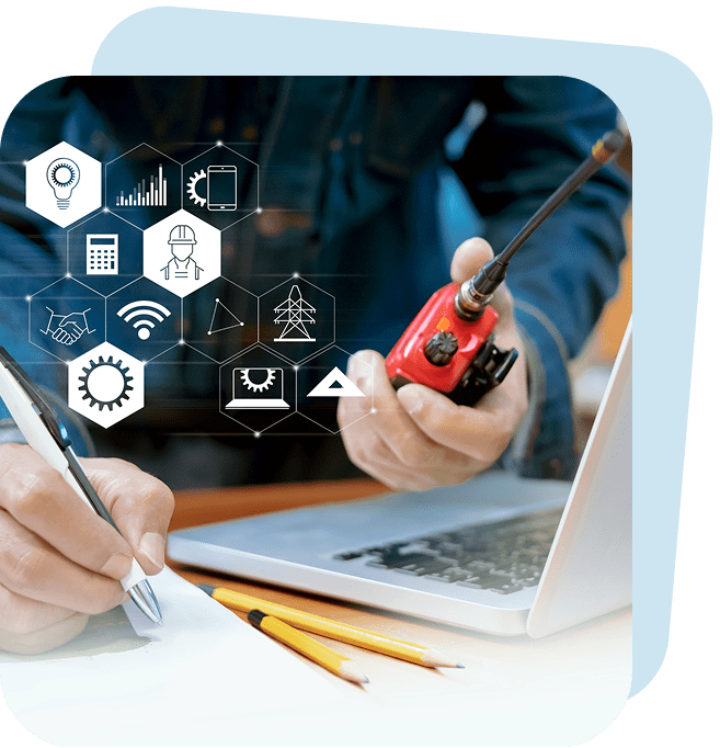Person using laptop with technology icons overlay.