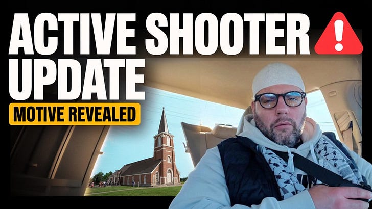 Man in glasses and hat with church and text about live shooter update.