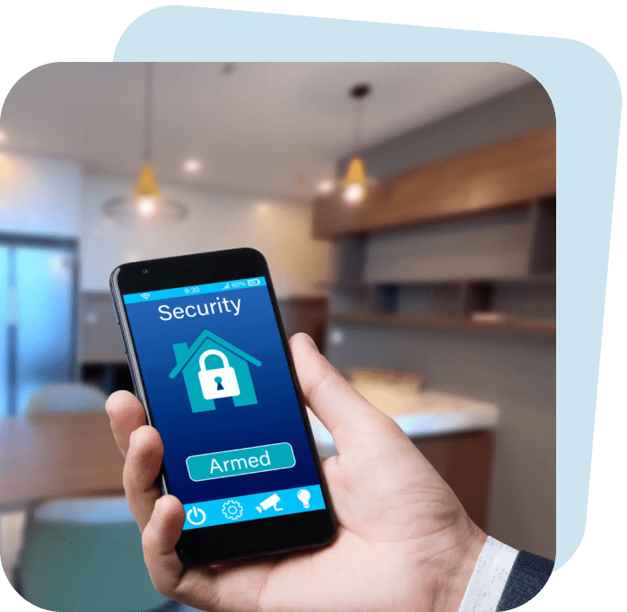 Hand holding phone displaying home security app with a locked padlock.