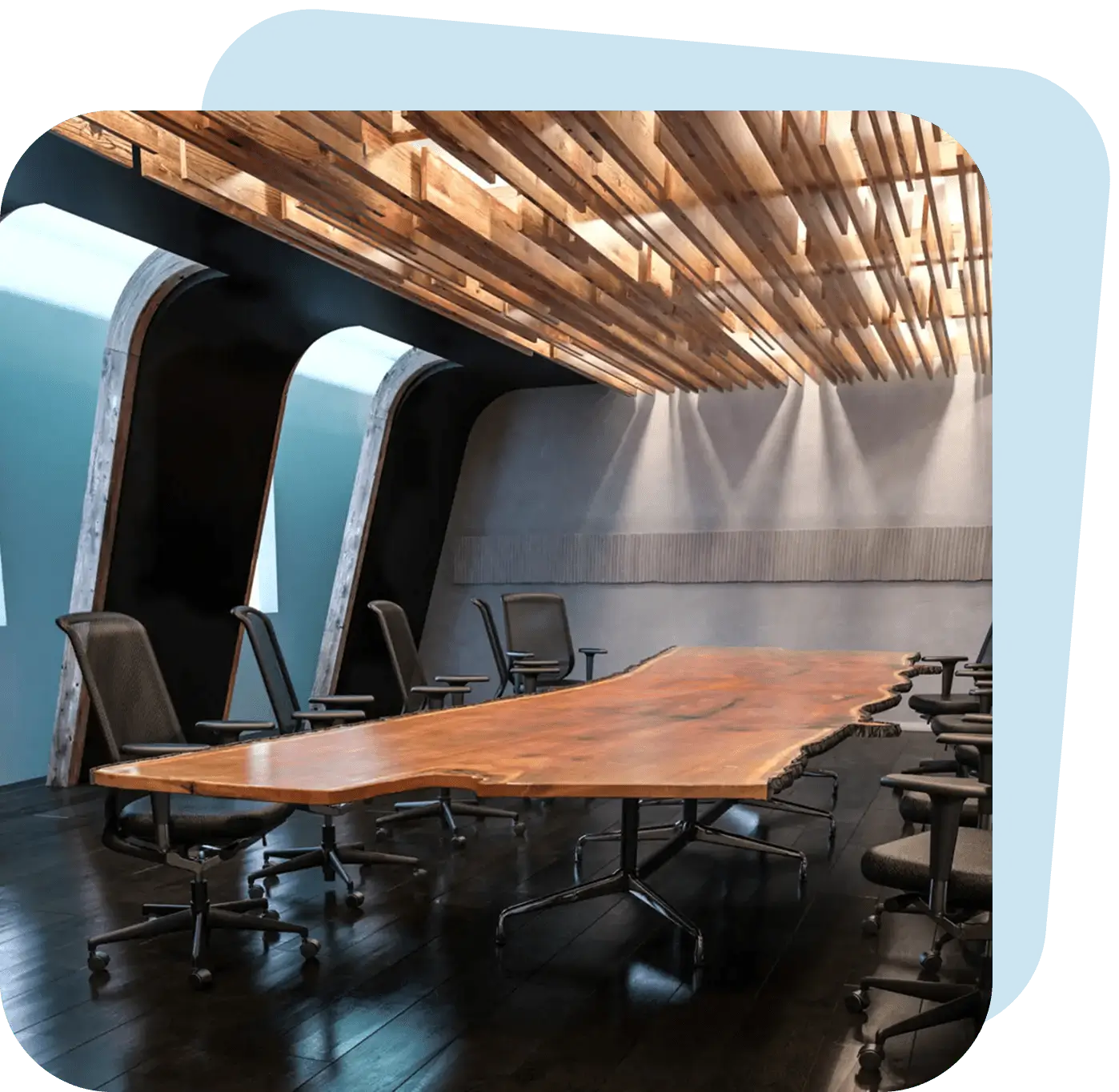 Modern conference room with wooden table and sleek chairs.